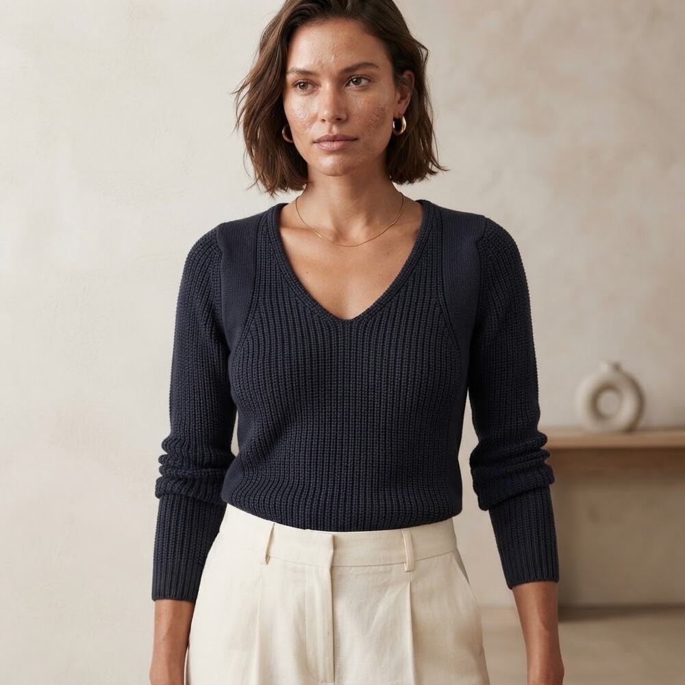 Burgess navy blue cotton cashmere cozy knit pullover sweater scoop neck size XS